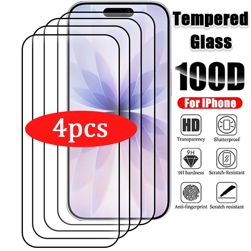 4Pcs Tempered Glass For iPhone 17 16 15 14 13 12 11 Pro Max Plus Mini Air 7 8 6S SE 2022 2020 X XS Screen Protector Protective