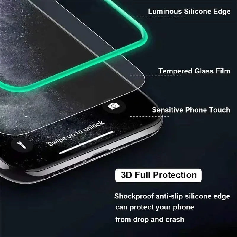3PCS Night Light Luminous Screen Protector Used Phones for IPhone 12 11 13 14 15 16 Pro Max Plus Mini Case Tempered Glass Film