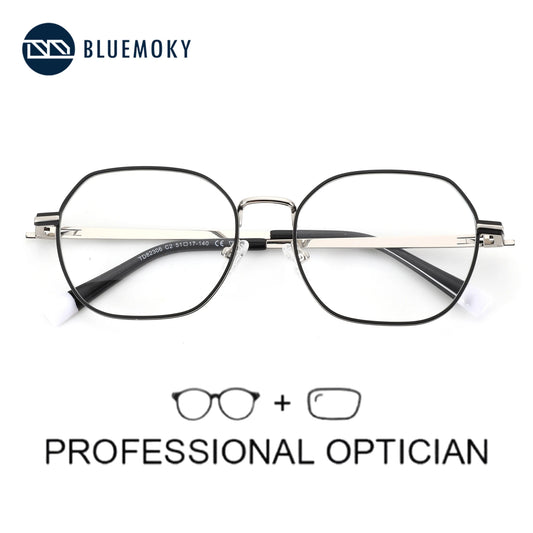 BLUEMOKY Men Alloy Prescription Eyeglasses Women Metal Square Glasses Anti-Blu- Light Myopia/Hyperopia/Progressive Eyewear