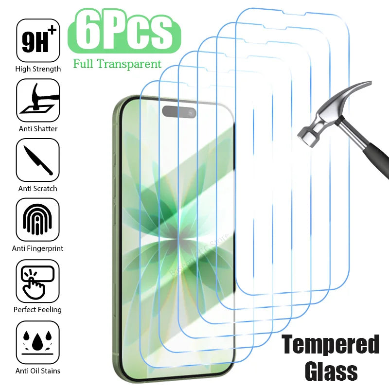 6PCS HD Tempered Glass For iPhone 17 16 15 14 Pro Max 13 12 11 Screen Protector For iPhone Air 16e 15 14 Plus 13 12 Mini Glass