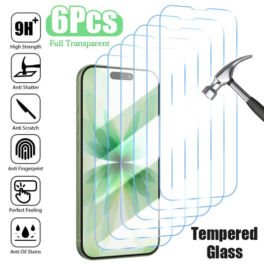 6PCS HD Tempered Glass For iPhone 17 16 15 14 Pro Max 13 12 11 Screen Protector For iPhone Air 16e 15 14 Plus 13 12 Mini Glass