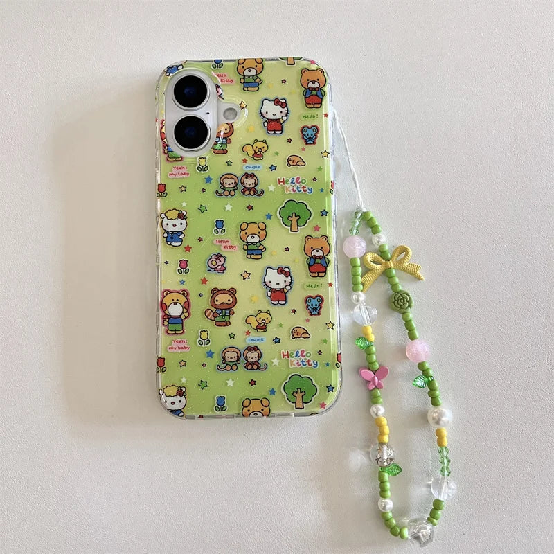 Korean Cute Cartoon Bear Green Hello Kitty Cat Phone Case For iPhone 16 15 14 13 Pro Max Shockproof Lens Protective Soft Cover