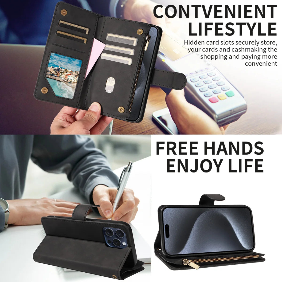 Skin Friendly Leather Phone Case for Xiaomi POCO X3 X5 C3 M2 M5S 11T 11Lite 12 12T 13Lite14 with Card Slots Zipper Wallet Cover