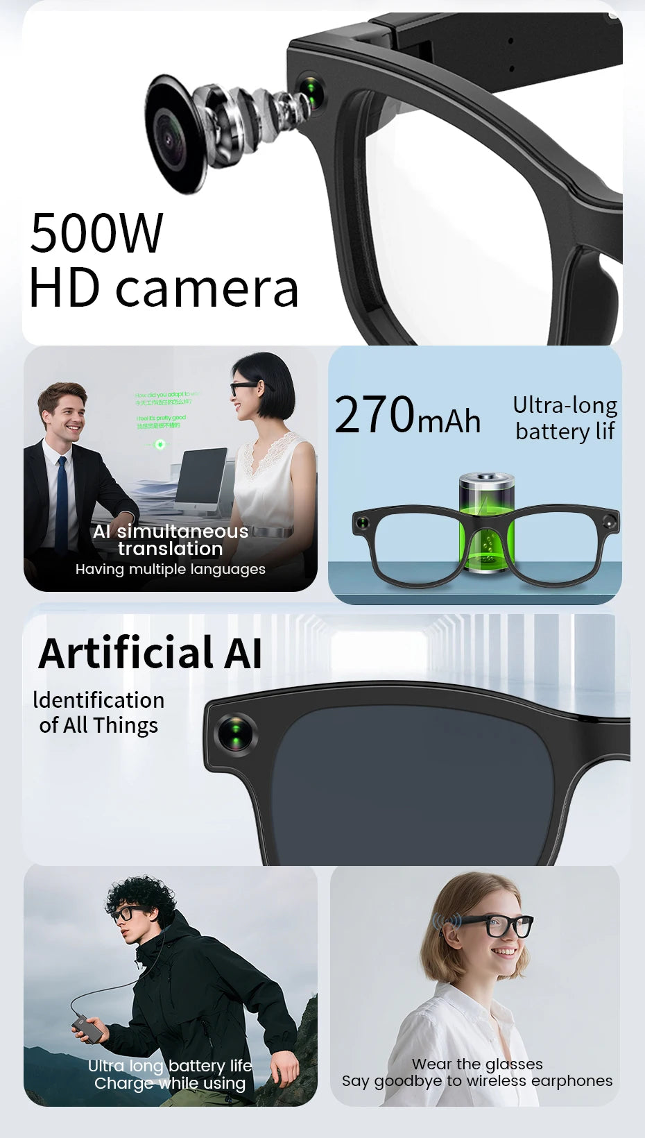 500W Camera Glasses Translate Smart Glasses Voice Call Music Sunglasses AI GPT Camera BT&WIFI Video Recording Anti-blue Light