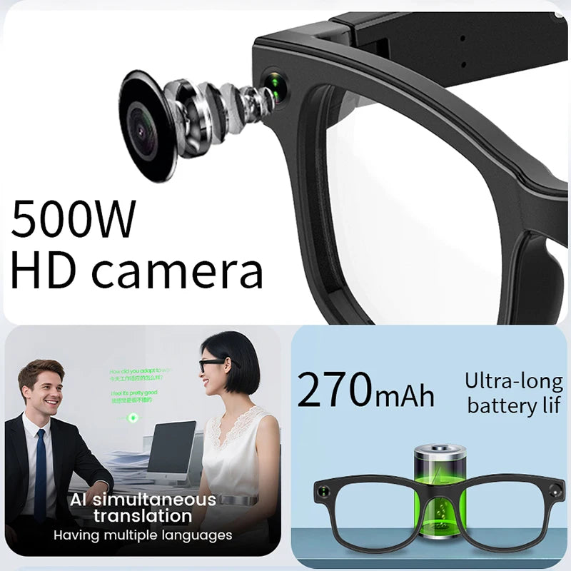 500W Camera Glasses Translate Smart Glasses Voice Call Music Sunglasses AI GPT Camera BT&WIFI Video Recording Anti-blue Light