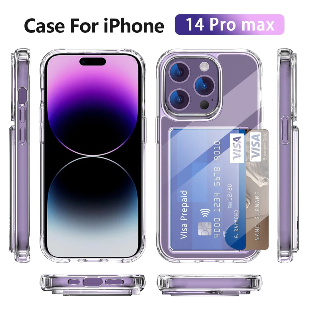 Luxury Transparent Wallet Card Slots Holder Phone Case For iPhone 17 16 15 14 Pro Max 13 12 11 XR X Plus HD Acrylic Clear Cover
