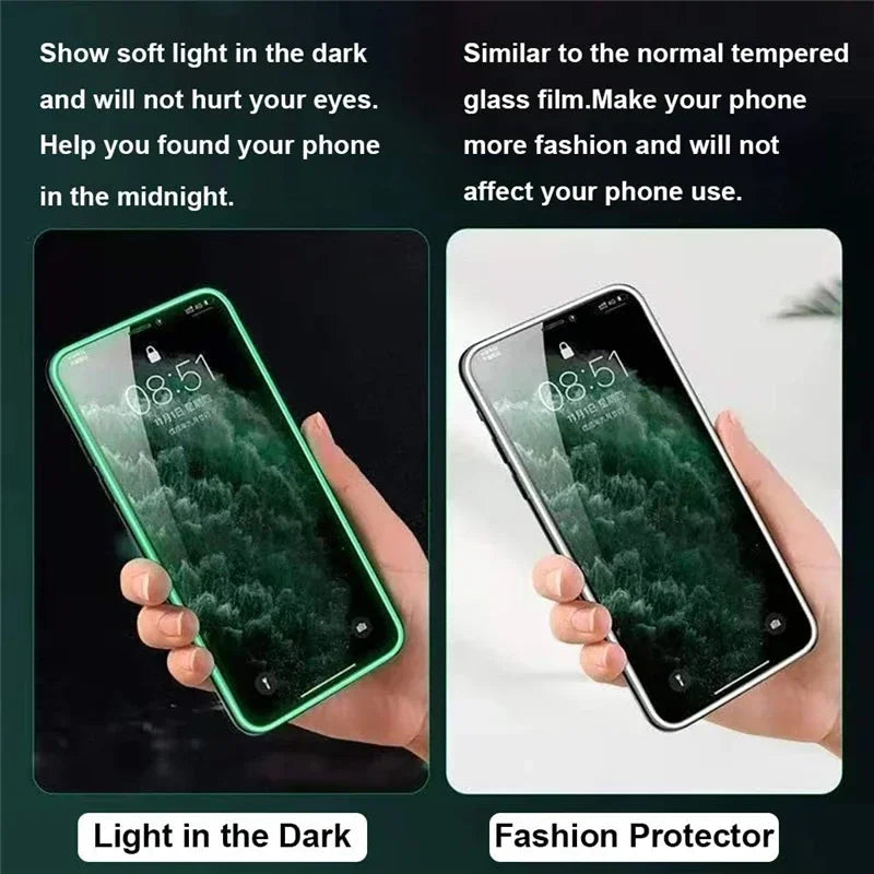 3PCS Night Light Luminous Screen Protector Used Phones for IPhone 12 11 13 14 15 16 Pro Max Plus Mini Case Tempered Glass Film