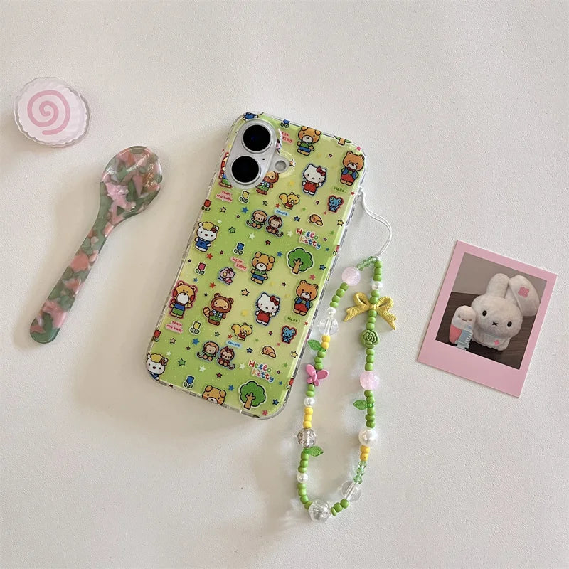 Korean Cute Cartoon Bear Green Hello Kitty Cat Phone Case For iPhone 16 15 14 13 Pro Max Shockproof Lens Protective Soft Cover