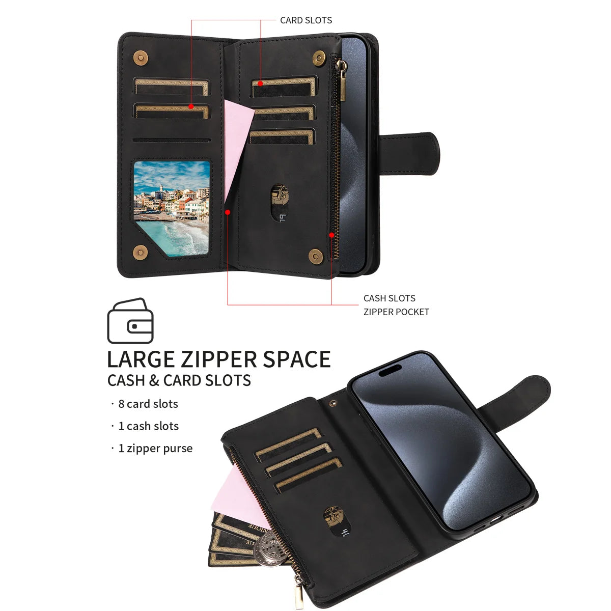 Skin Friendly Leather Phone Case for Xiaomi POCO X3 X5 C3 M2 M5S 11T 11Lite 12 12T 13Lite14 with Card Slots Zipper Wallet Cover