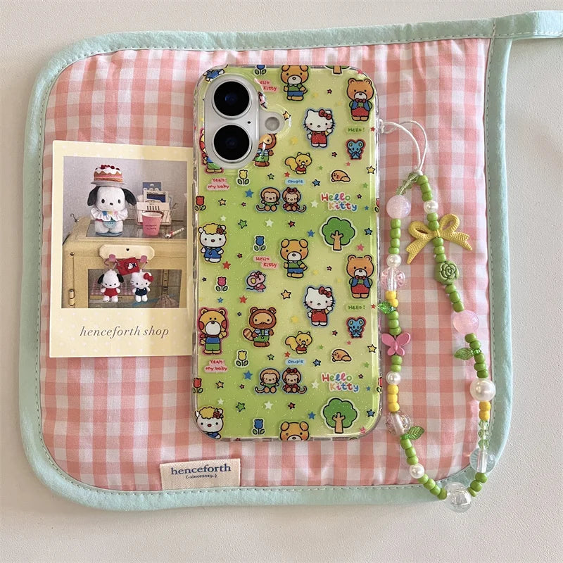 Korean Cute Cartoon Bear Green Hello Kitty Cat Phone Case For iPhone 16 15 14 13 Pro Max Shockproof Lens Protective Soft Cover