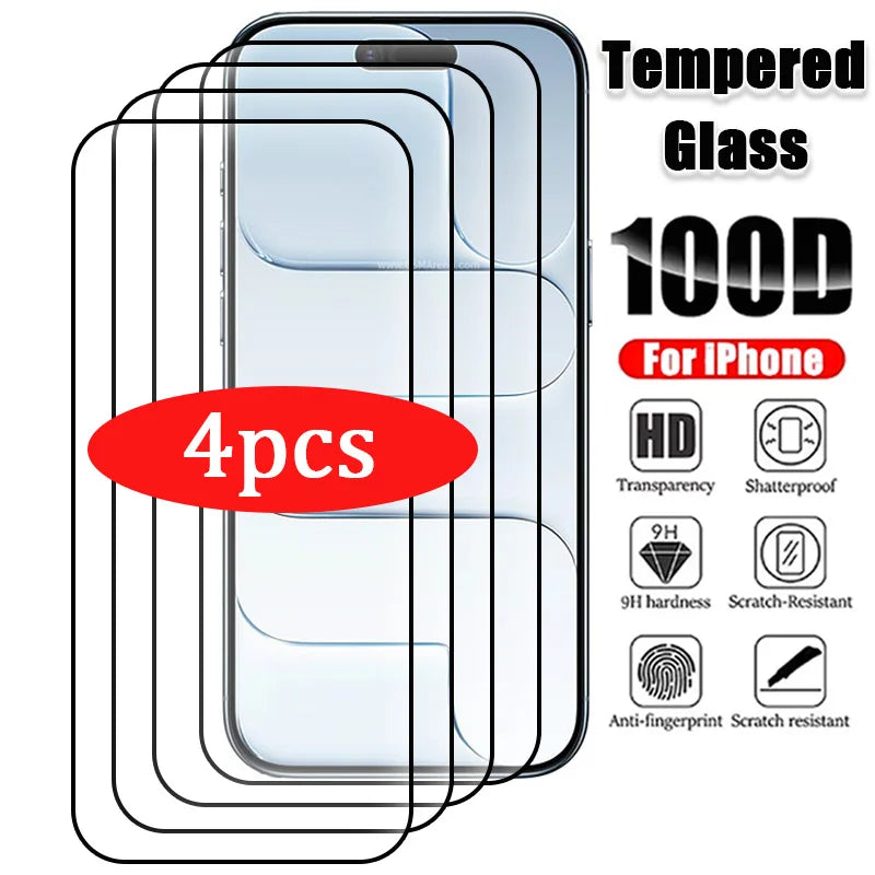 4Pcs Tempered Glass For iPhone 17 16 15 14 13 12 11 Pro Max Plus  Mini Air 7 8 6S SE 2022 2020 X XS Screen Protector Protective