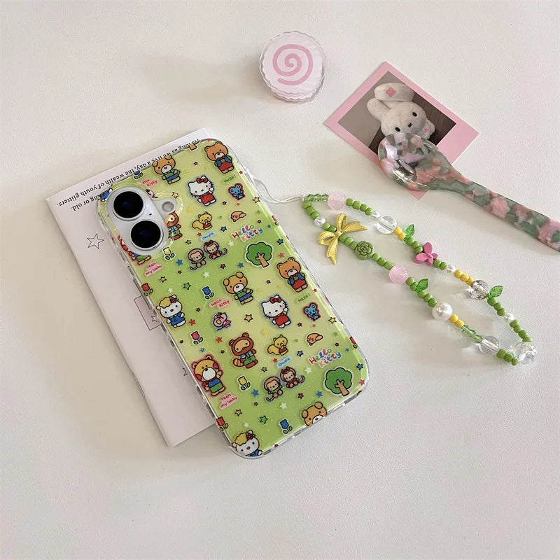 Korean Cute Cartoon Bear Green Hello Kitty Cat Phone Case For iPhone 16 15 14 13 Pro Max Shockproof Lens Protective Soft Cover