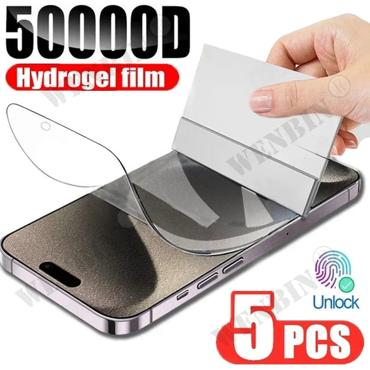 5 Pcs Hydrogel Film For iPhone 17 16 16e 15 14 13 12 11 Pro Max Plus 12 13 Mini 8 7 Plus SE XR X XS Full Cover Screen Protector