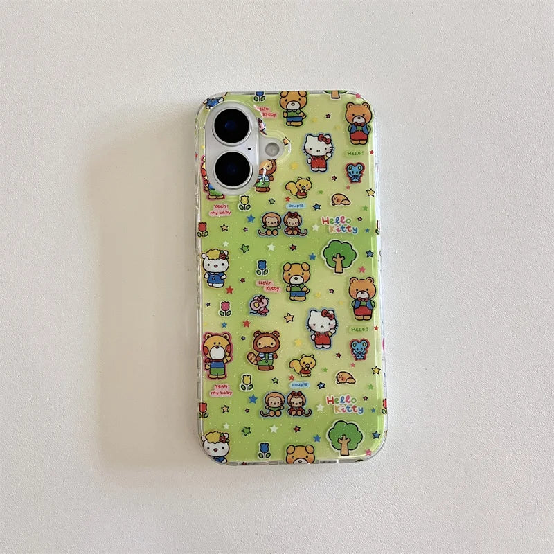 Korean Cute Cartoon Bear Green Hello Kitty Cat Phone Case For iPhone 16 15 14 13 Pro Max Shockproof Lens Protective Soft Cover