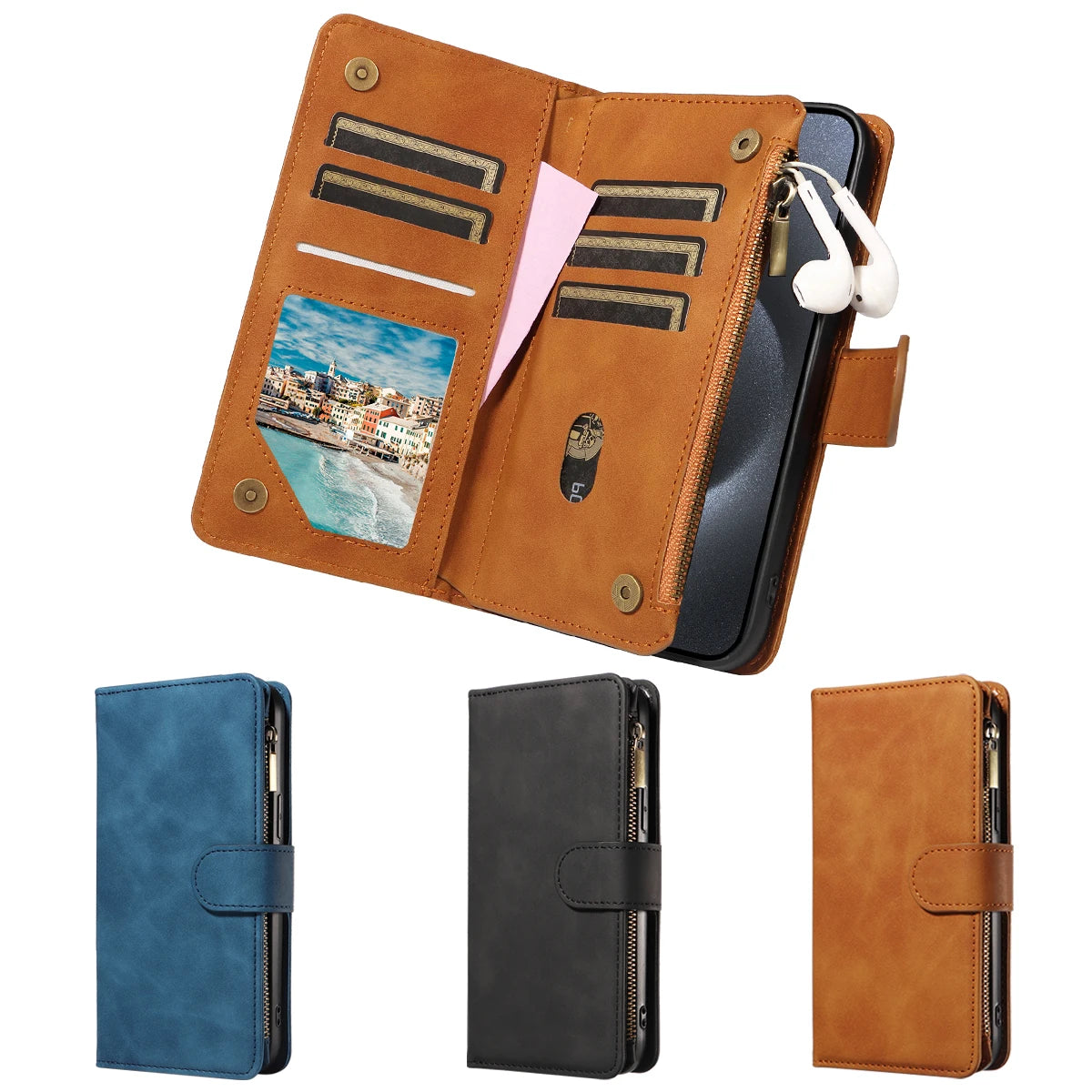 Skin Friendly Leather Phone Case for Xiaomi POCO X3 X5 C3 M2 M5S 11T 11Lite 12 12T 13Lite14 with Card Slots Zipper Wallet Cover