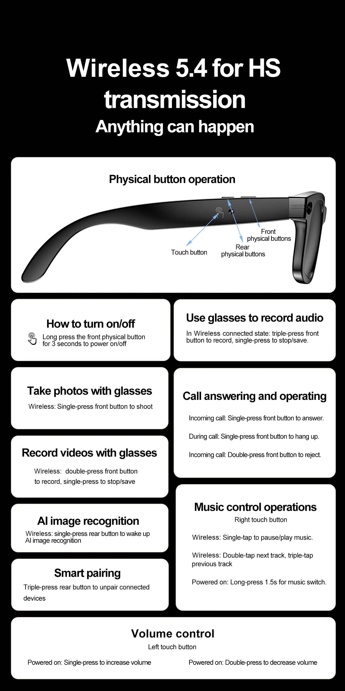 Smart Glasses Recording Videos AI Photo Recognition Answer Translation 260mAh Large Battery IP65 Waterproof Bluetooth Glasses