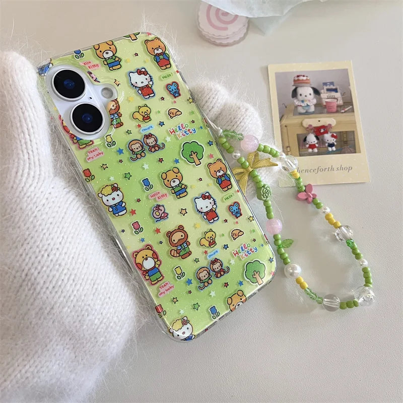 Korean Cute Cartoon Bear Green Hello Kitty Cat Phone Case For iPhone 16 15 14 13 Pro Max Shockproof Lens Protective Soft Cover