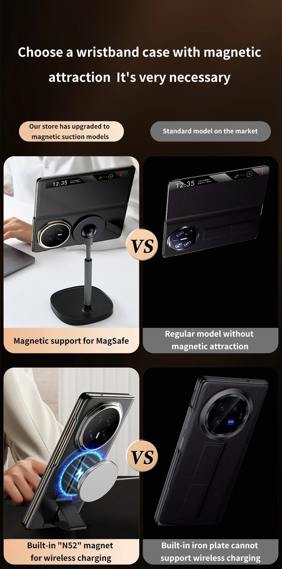 LANGSIDI Smart Flip Phone Case for Honor Magic V5 Magnetic Wrist Strap Slidable Stand Kickstand Luxuxy Leather Cover