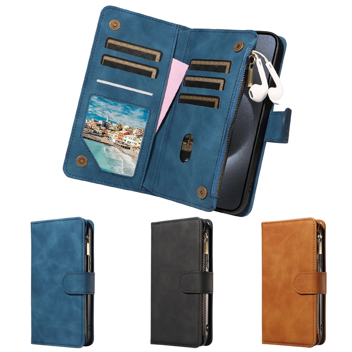 Skin Friendly Leather Phone Case for Xiaomi POCO X3 X5 C3 M2 M5S 11T 11Lite 12 12T 13Lite14 with Card Slots Zipper Wallet Cover