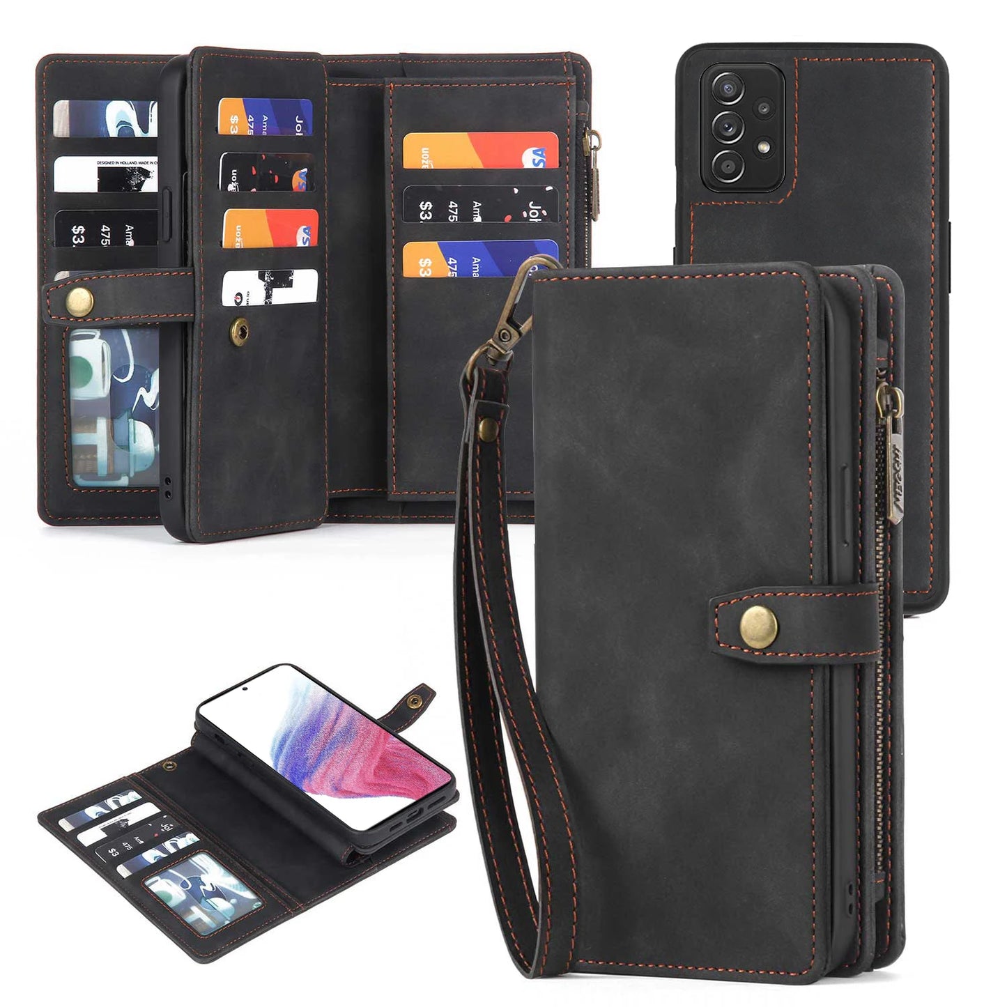Detachable Magnetic Leather Case For Samsung Galaxy A73 A71 A54 A53 A52 A51 A34 A33 A15 A55 A35 Zipper Wallet Cards Holder Cover