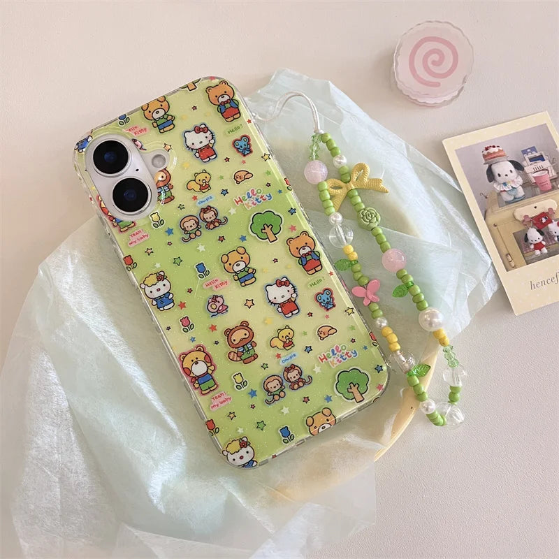 Korean Cute Cartoon Bear Green Hello Kitty Cat Phone Case For iPhone 16 15 14 13 Pro Max Shockproof Lens Protective Soft Cover