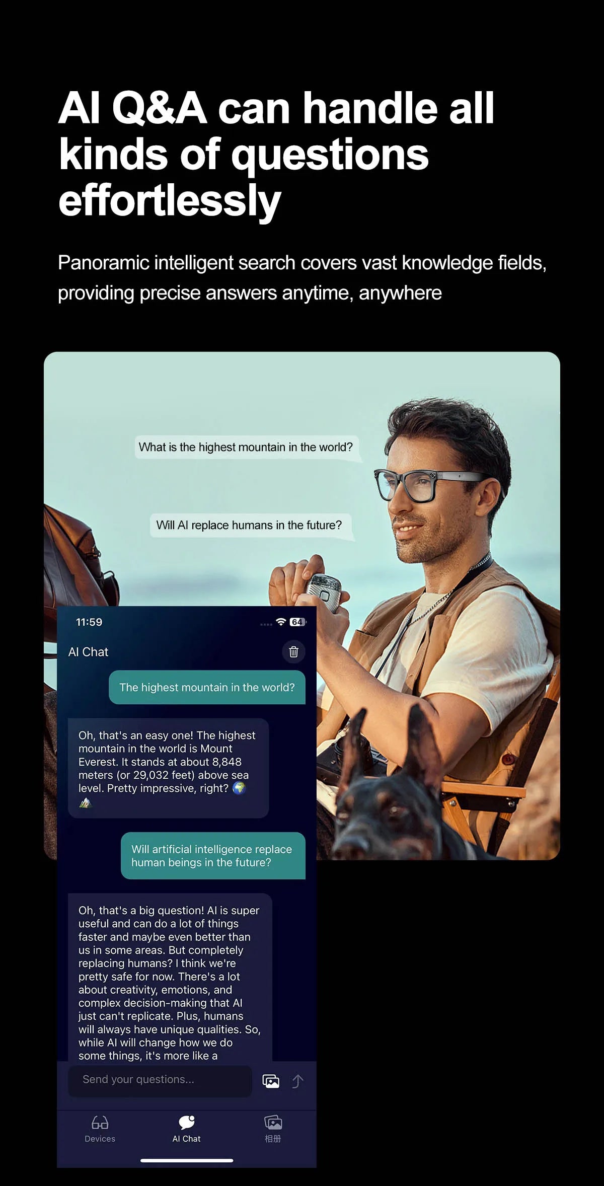 Smart Glasses Recording Videos AI Photo Recognition Answer Translation 260mAh Large Battery IP65 Waterproof Bluetooth Glasses