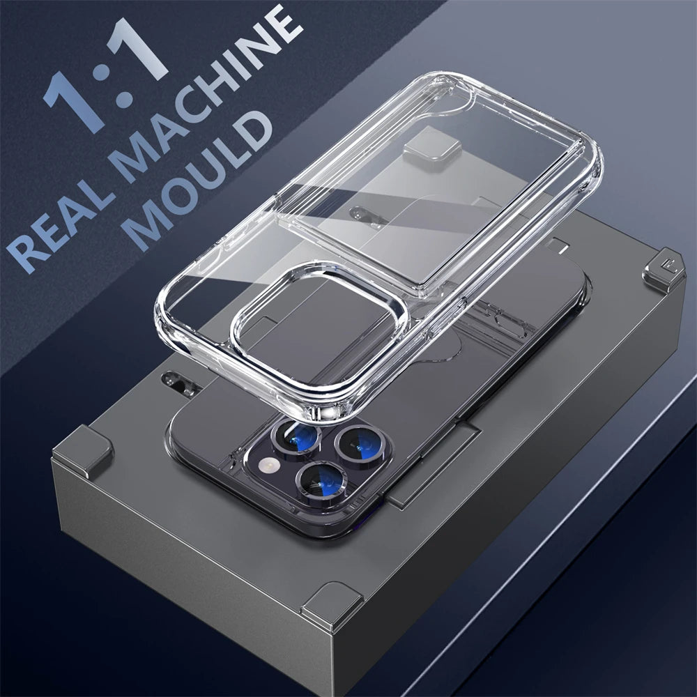 Luxury Transparent Wallet Card Slots Holder Phone Case For iPhone 17 16 15 14 Pro Max 13 12 11 XR X Plus HD Acrylic Clear Cover