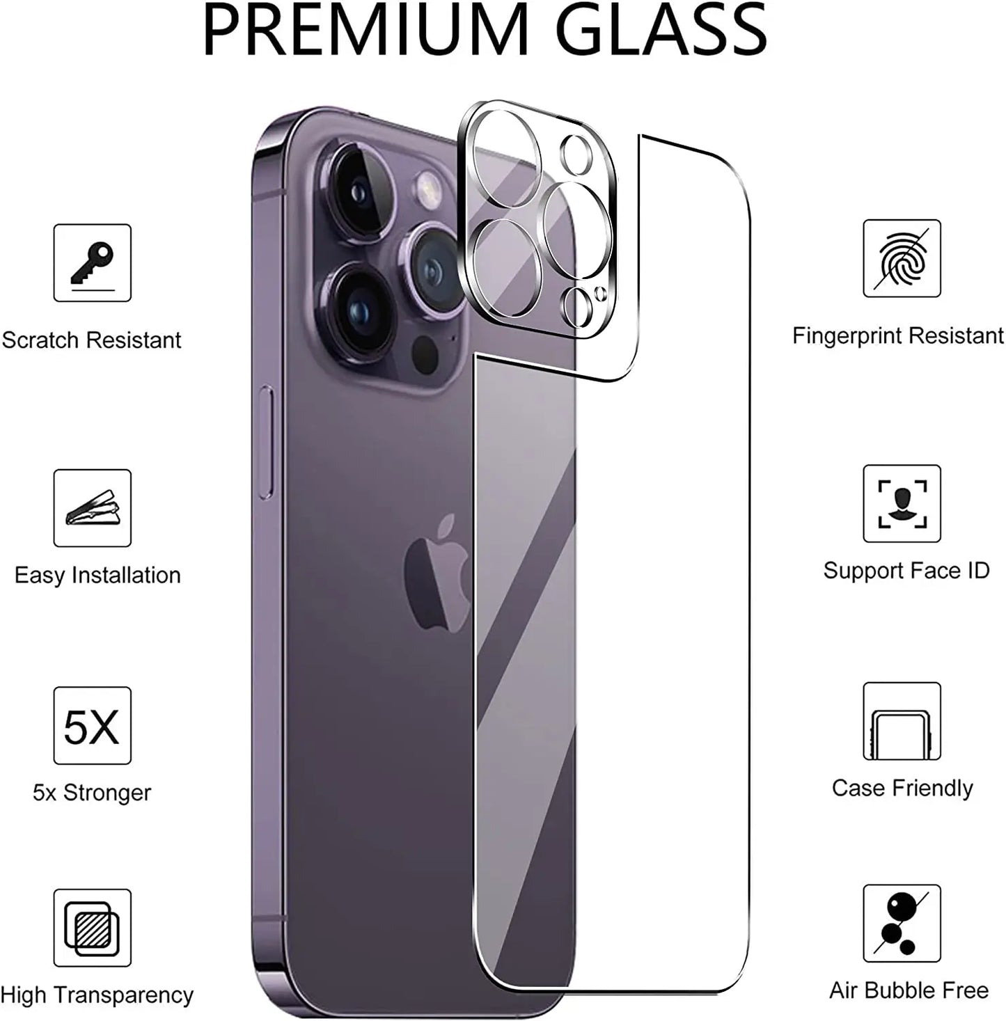 4in1[2 Back Glass + 2 Lens Glass] Clear Phone Tempered Glass For iPhone 16 15 14 Plus 13 12 Mini 11 Pro Max Back Screen Film