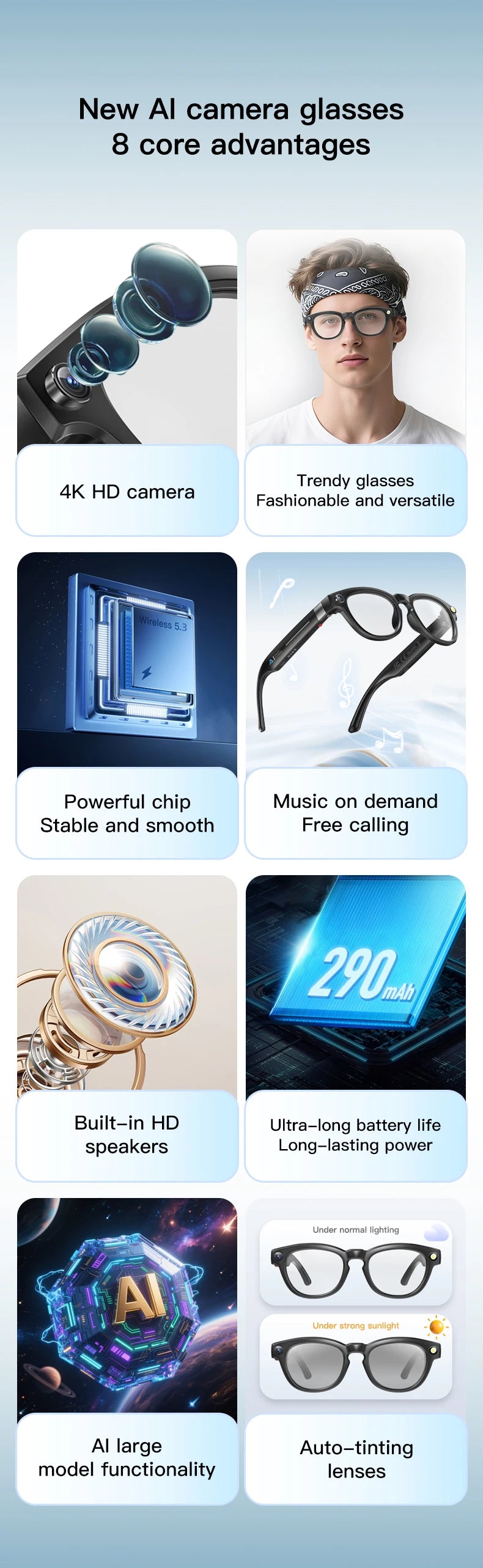 LIGE AI Smart Glasses 4K HD Camera 32GB Memory BT Call Voice Assistant Translate Touch Control Music Player sunglasses Men Women