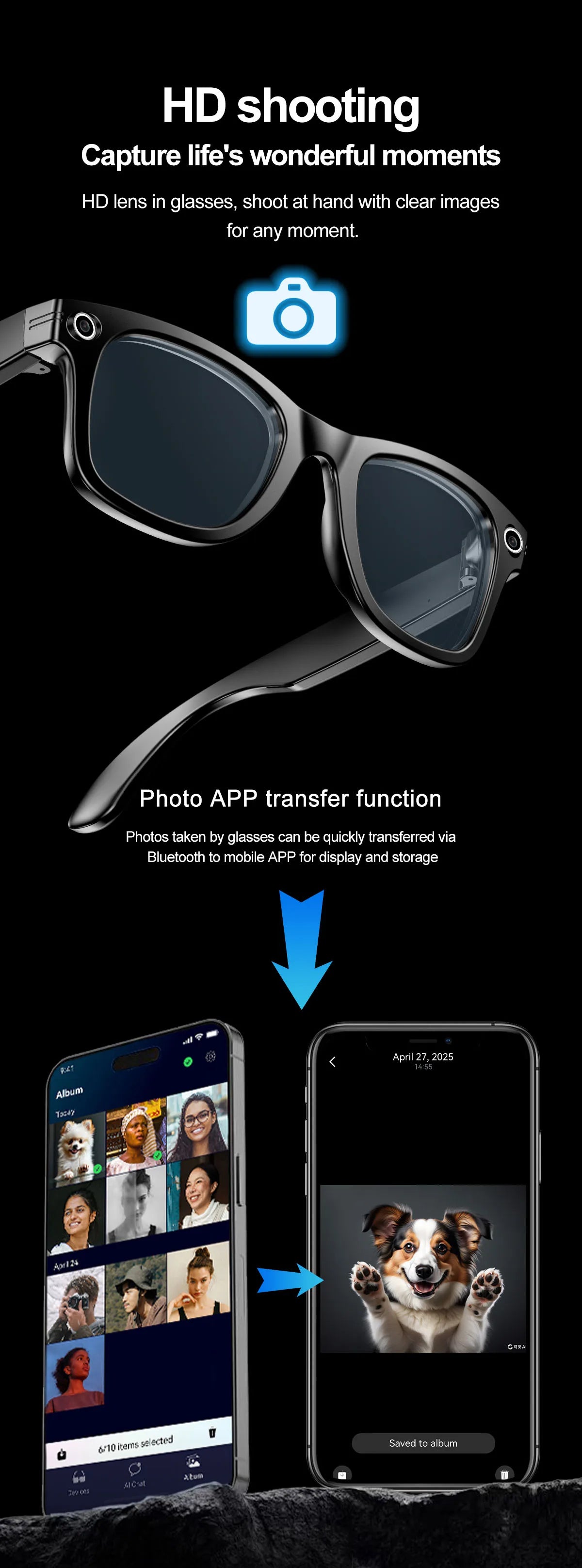 Smart Glasses Recording Videos AI Photo Recognition Answer Translation 260mAh Large Battery IP65 Waterproof Bluetooth Glasses