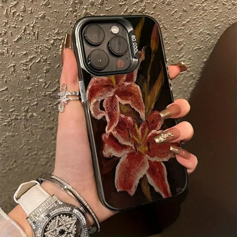 Oil Painting Lily Flower Retro Pattern Phone Case For iPhone 16 15 14 17 Air Pro Max 16E 13 12 11 7 8 SE 2022 Shockproof Cover
