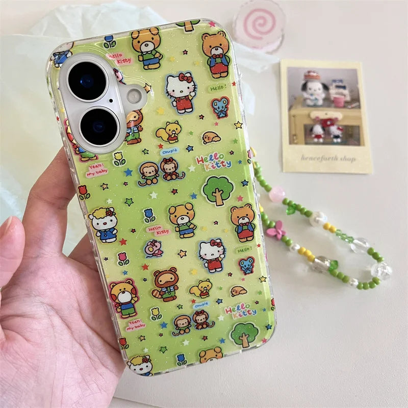 Korean Cute Cartoon Bear Green Hello Kitty Cat Phone Case For iPhone 16 15 14 13 Pro Max Shockproof Lens Protective Soft Cover