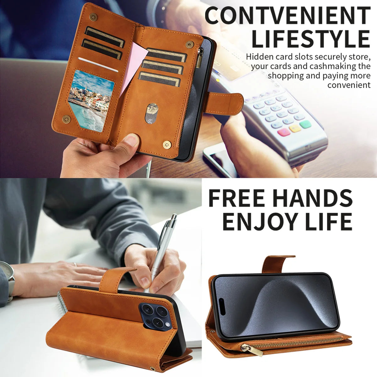 Skin Friendly Leather Phone Case for Xiaomi POCO X3 X5 C3 M2 M5S 11T 11Lite 12 12T 13Lite14 with Card Slots Zipper Wallet Cover