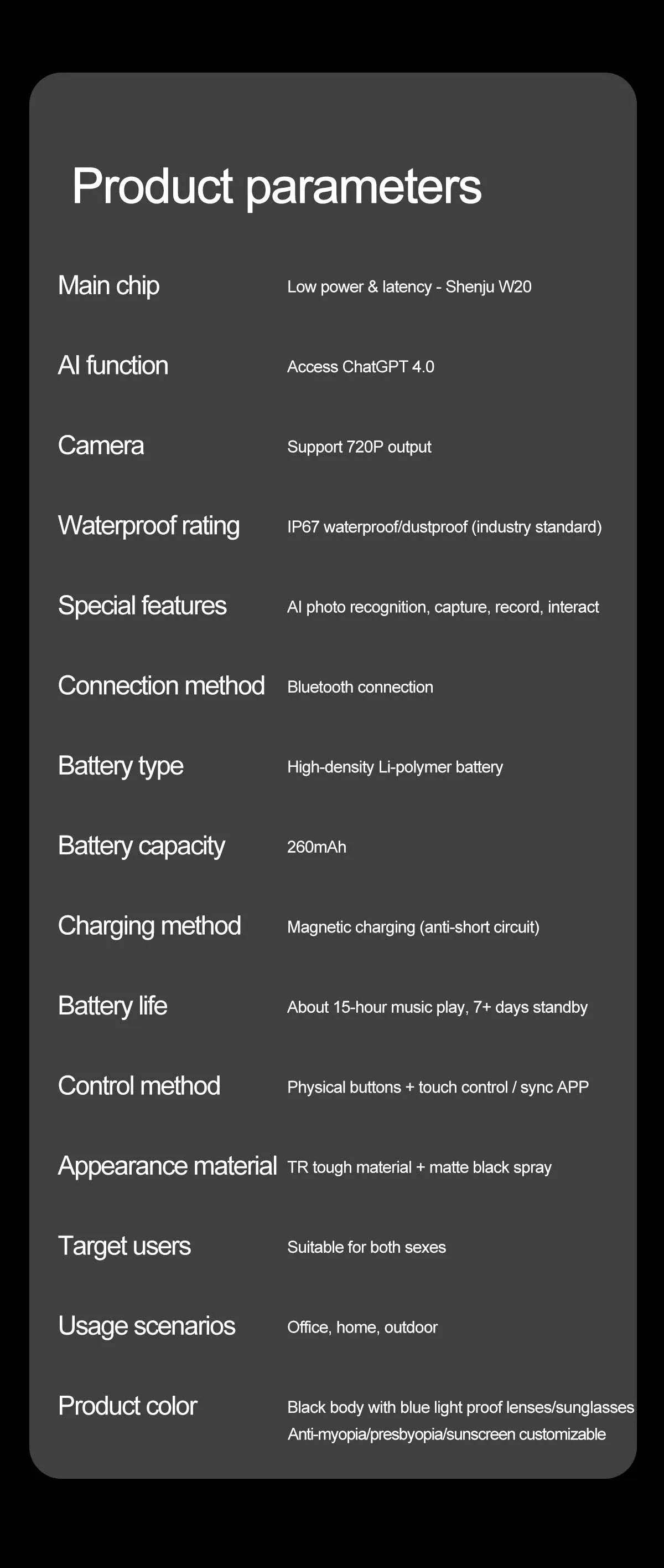 Smart Glasses Recording Videos AI Photo Recognition Answer Translation 260mAh Large Battery IP65 Waterproof Bluetooth Glasses