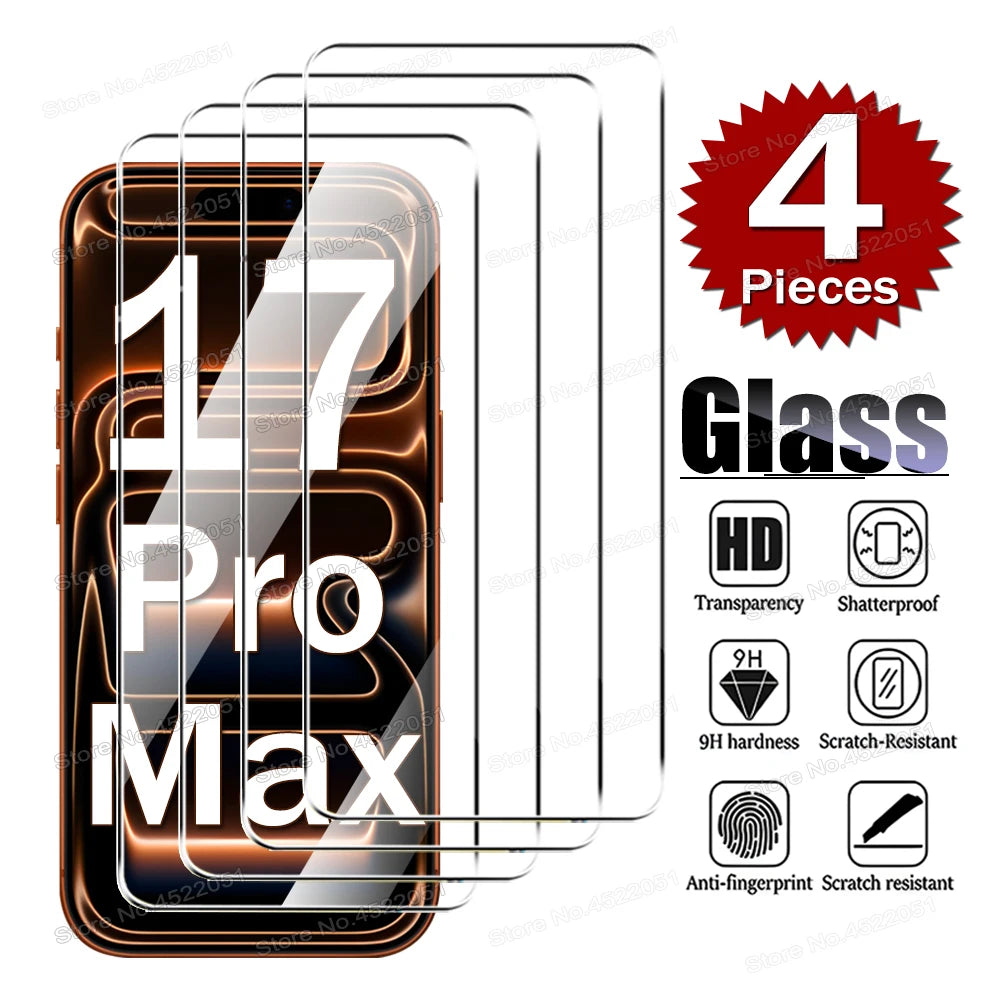 4PCS Tempered Glass Screen Protector For iPhone 17 16 15 14 13 12 11 Pro Max Plus Mini XS XR Air 16E Clear Glass Protective Film