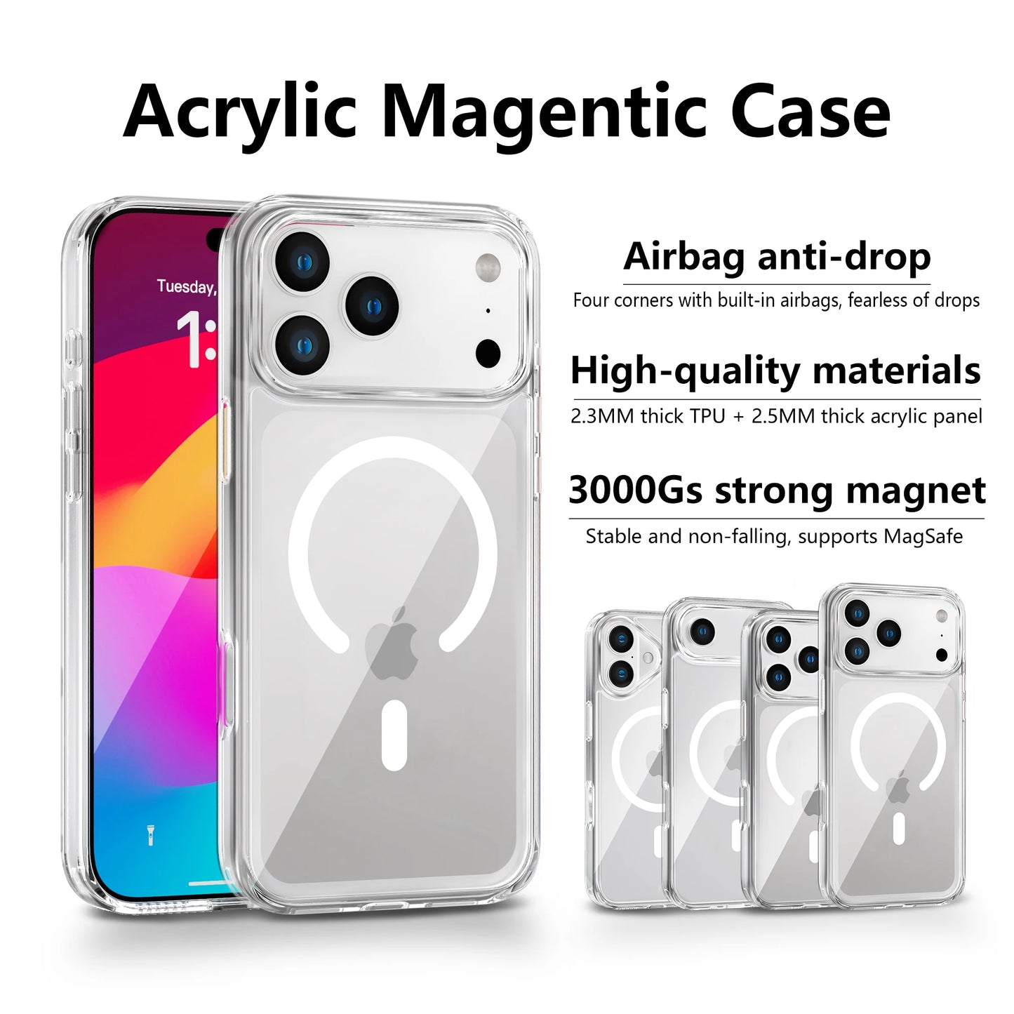 Shockproof Anti Yellow Crystal Acrylic Phone case For iPhone 17AIR 17 17 PRO 17 PRO MAX For Magsafe Strong Magnetic phone Case