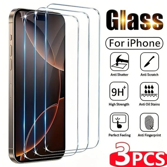 3Pcs Ultra Clear Tempered Glass For iPhone 17 16 14 15 Pro Max 15 14 Plus Screen Protector For iPhone 11 12 13 Pro 16e XR XS Max