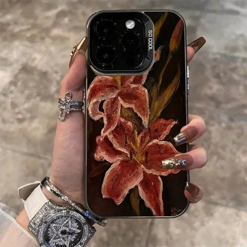 Oil Painting Lily Flower Retro Pattern Phone Case For iPhone 16 15 14 17 Air Pro Max 16E 13 12 11 7 8 SE 2022 Shockproof Cover