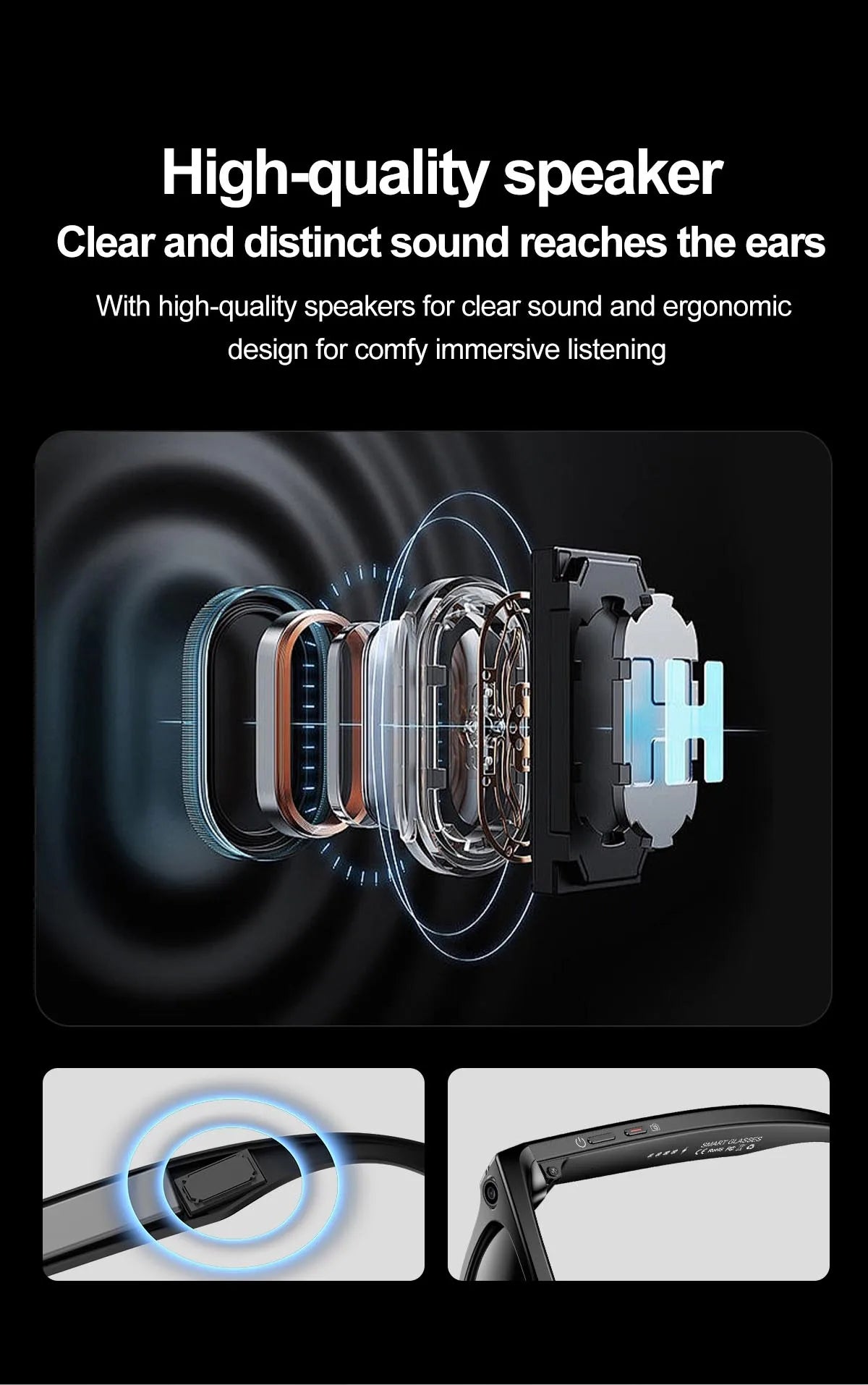 Smart Glasses Recording Videos AI Photo Recognition Answer Translation 260mAh Large Battery IP65 Waterproof Bluetooth Glasses