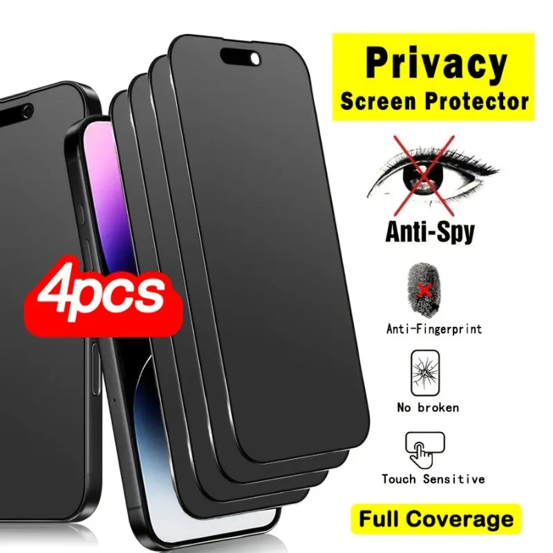 4Pcs Full Coverage Tempered Glass Privacy Screen Protector For IPhone 17 16 15 Pro Max 16e 14 13 12 11 Pro Mini XR XS Max Glass