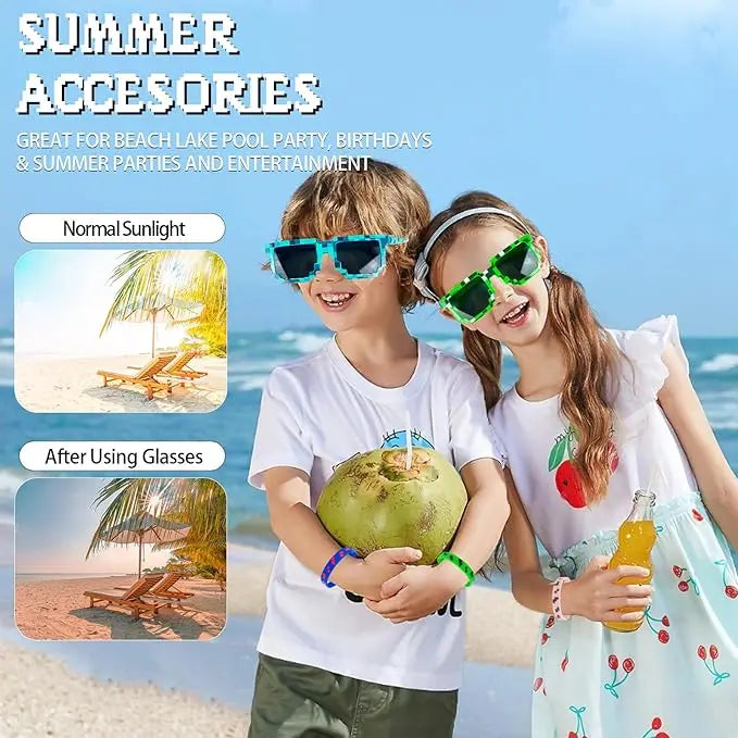 24Pcs Pixel Theme Party Favors 12 Pairs Pixelated Sunglasses and 12 Silicone Bracelets Birthday decoration party supplies Gift