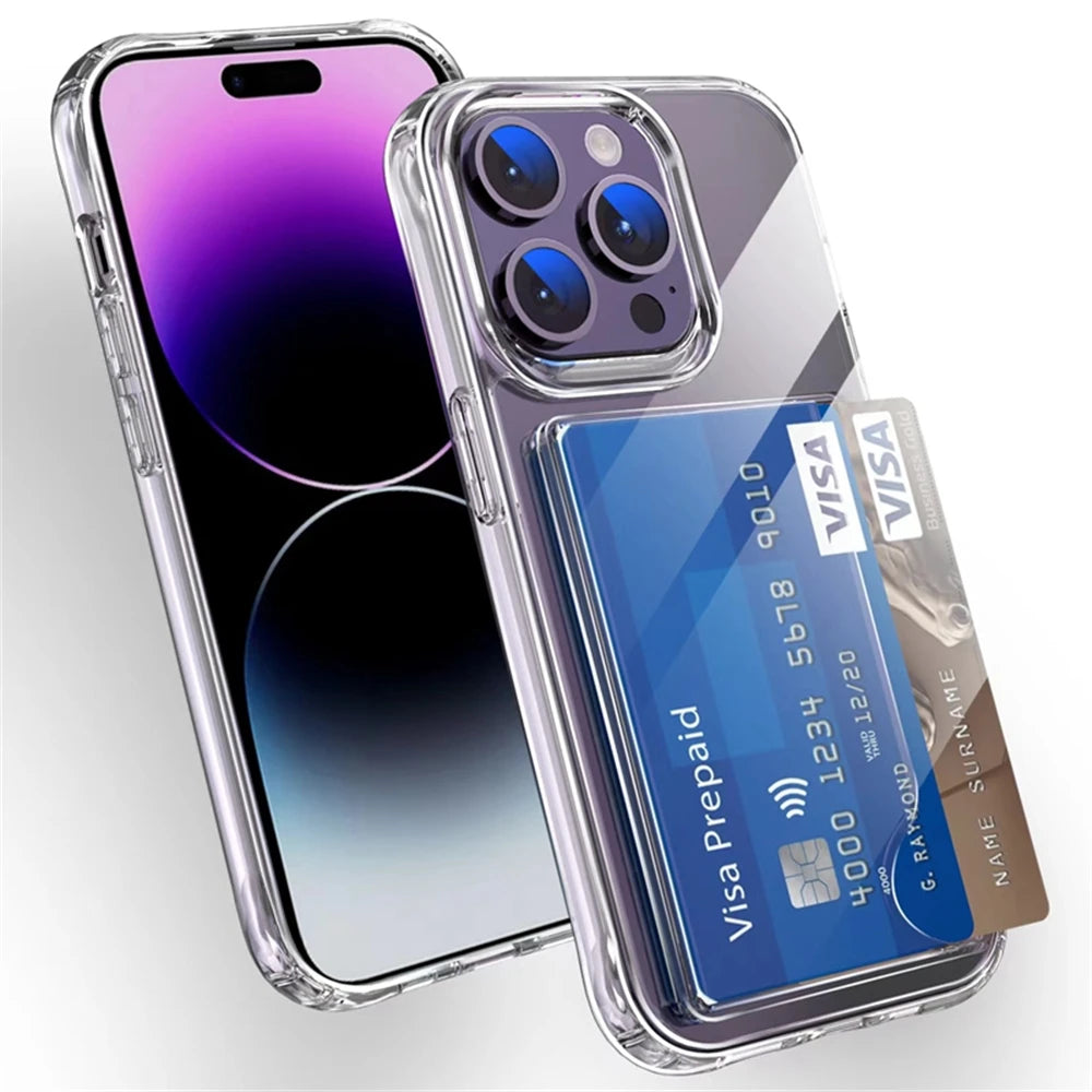 Luxury Transparent Wallet Card Slots Holder Phone Case For iPhone 17 16 15 14 Pro Max 13 12 11 XR X Plus HD Acrylic Clear Cover