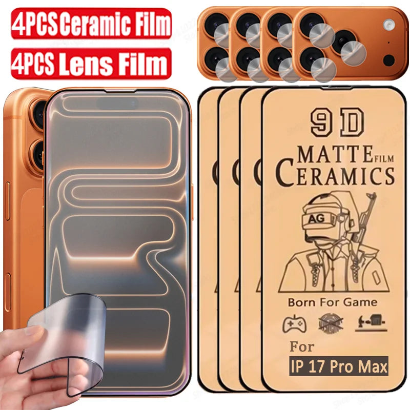 8IN1 Matte Ceramic Film For iPhone 17 Pro Max 17 Air 12 13 Mini 14 15 Plus 16E 11 15 16 Pro Max Screen Protector Lens Soft Film
