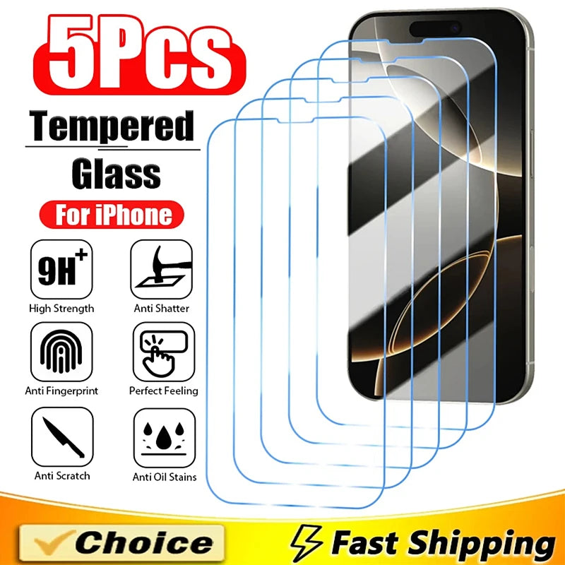 5Pcs Tempered Glass For iPhone 16 13 12 11 14 15 Pro Max Mini Screen Protector For IPhone 17 PRO XR X XS 8 Plus Protective Glass