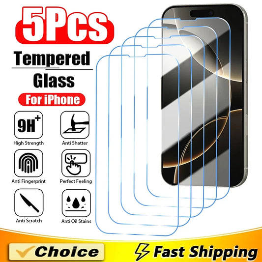 5Pcs Tempered Glass For iPhone 16 13 12 11 14 15 Pro Max Mini Screen Protector For IPhone 17 PRO XR X XS 8 Plus Protective Glass