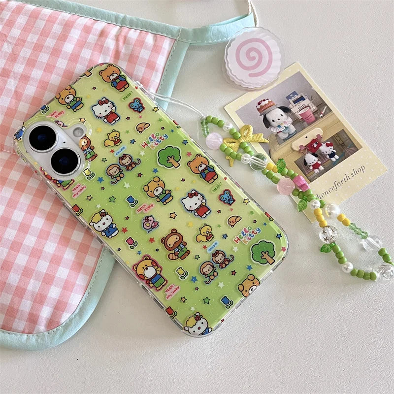 Korean Cute Cartoon Bear Green Hello Kitty Cat Phone Case For iPhone 16 15 14 13 Pro Max Shockproof Lens Protective Soft Cover