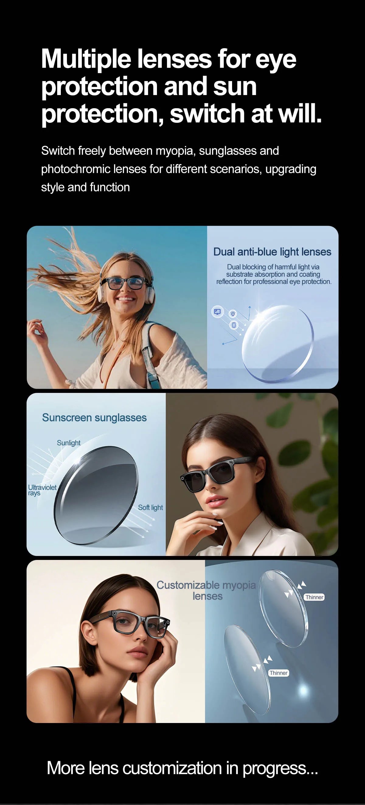 Smart Glasses Recording Videos AI Photo Recognition Answer Translation 260mAh Large Battery IP65 Waterproof Bluetooth Glasses