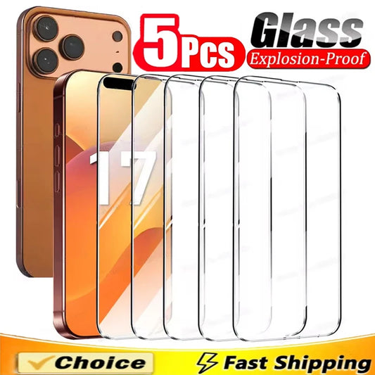 5PCS Screen Protector for IPhone 17 13 11 12 14 15 16 Pro Max 13 Mini Tempered Glass for IPhone 7 8 14 15 16 Plus X XR XS MAX SE