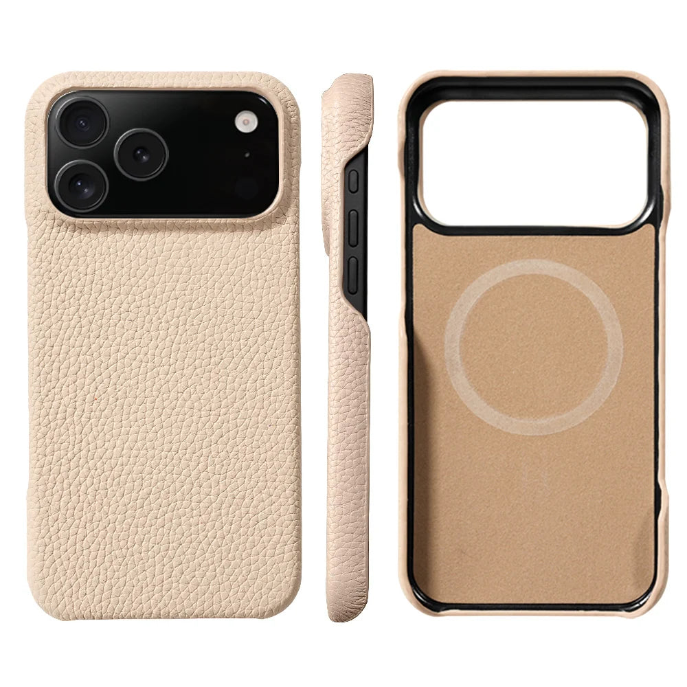 for Magsafe Case for iPhone 17 Air 15 16 Pro Max 17Pro Lychee Natural Cowhide Leather Magnetic Protector Luxury Phone Back Cover