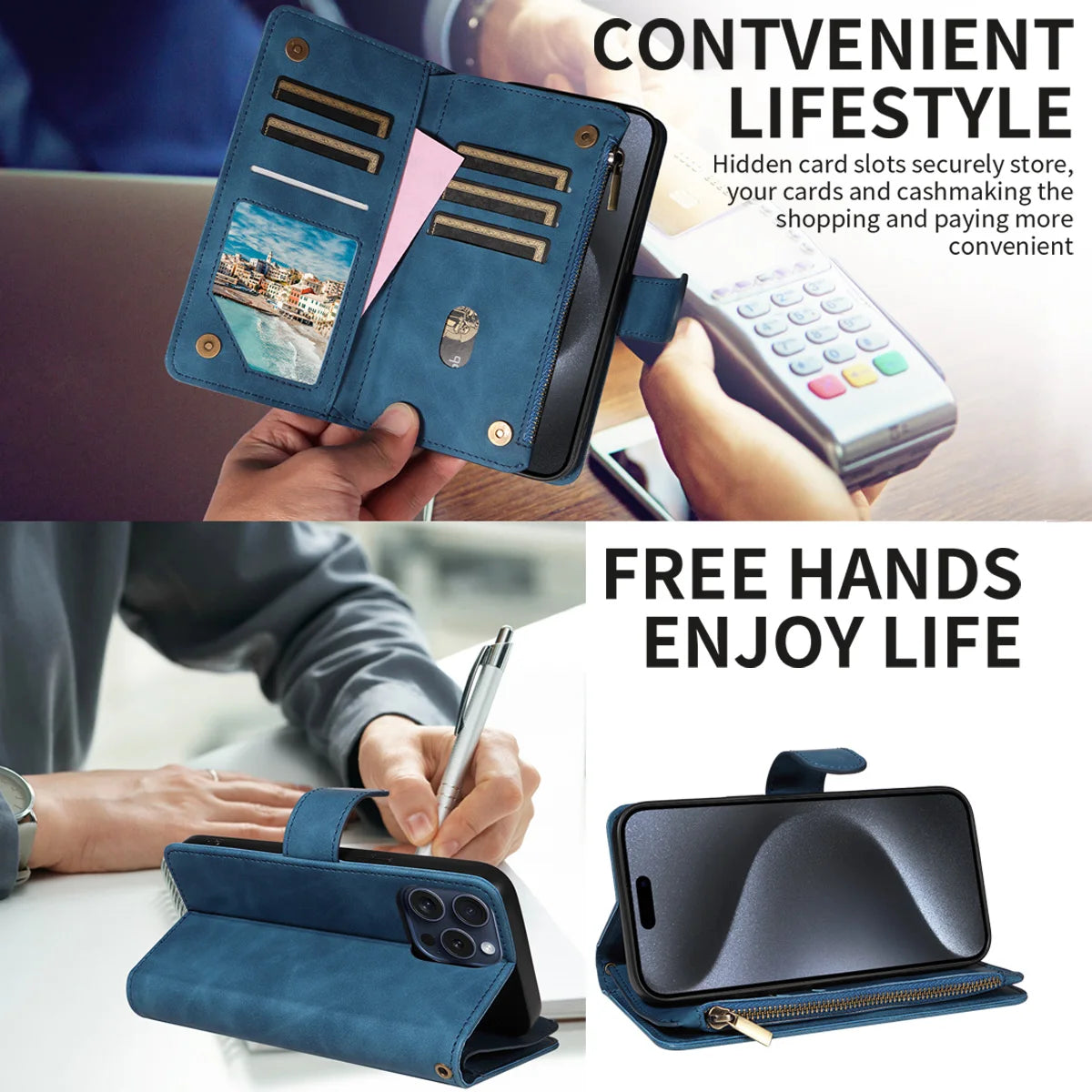 Skin Friendly Leather Phone Case for Xiaomi POCO X3 X5 C3 M2 M5S 11T 11Lite 12 12T 13Lite14 with Card Slots Zipper Wallet Cover